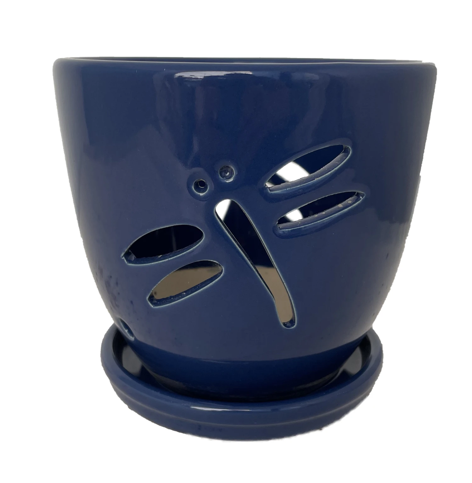 Dragonfly Blue Ceramic Orchid Pot And Saucer + Felt Feet-5 1/2" X 5 1/4" 3 Dragonfly Blue Ceramic Orchid Pot And Saucer + Felt Feet-5 1/2" X 5 1/4"