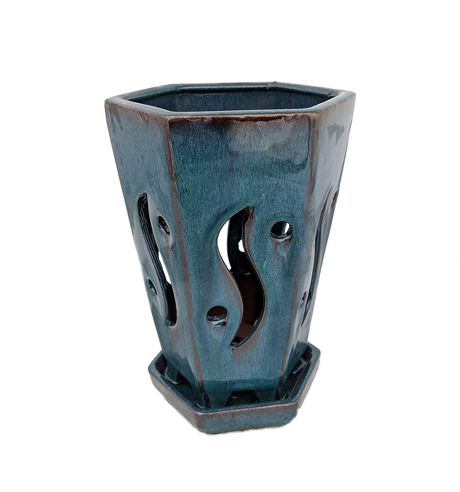 High Style Ceramic Orchid Pot/Saucer - 6 1/8" X 8" - Dark Moss Green Hexagon 3 High Style Ceramic Orchid Pot/Saucer - 6 1/8" X 8" - Dark Moss Green Hexagon