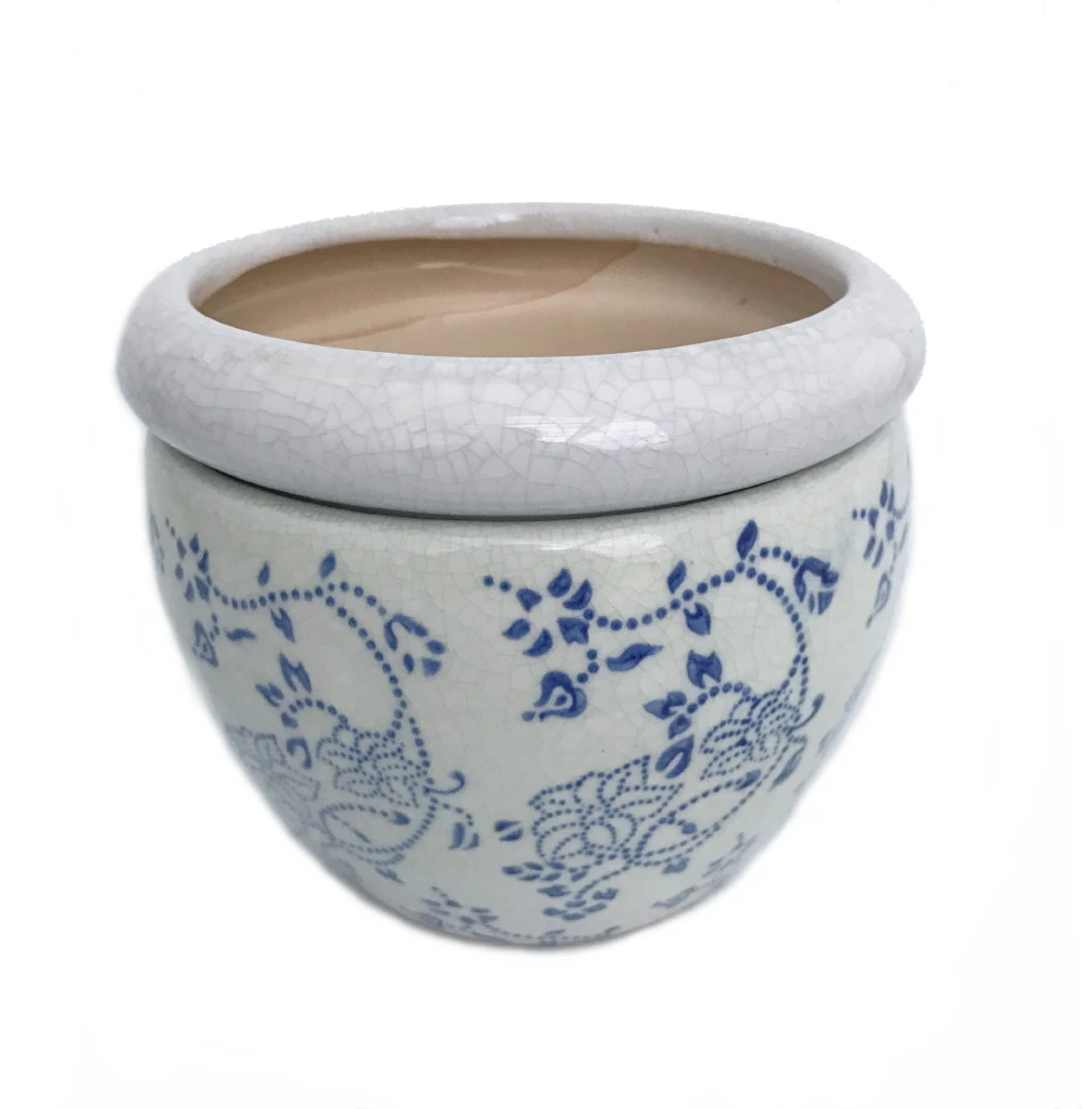 Blue And White Floral Self Watering Glazed Ceramic Pot - 6 1/2" X 4 1/4" 3 Blue And White Floral Self Watering Glazed Ceramic Pot - 6 1/2" X 4 1/4"