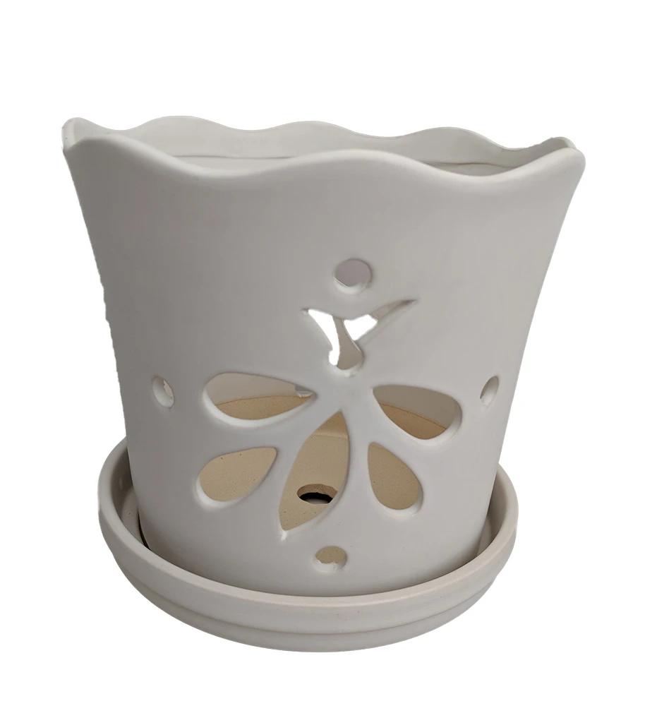 Matte White Butterfly Ceramic Orchid Pot With Attached Saucer - 5" X 5" 3 Matte White Butterfly Ceramic Orchid Pot With Attached Saucer - 5" X 5"