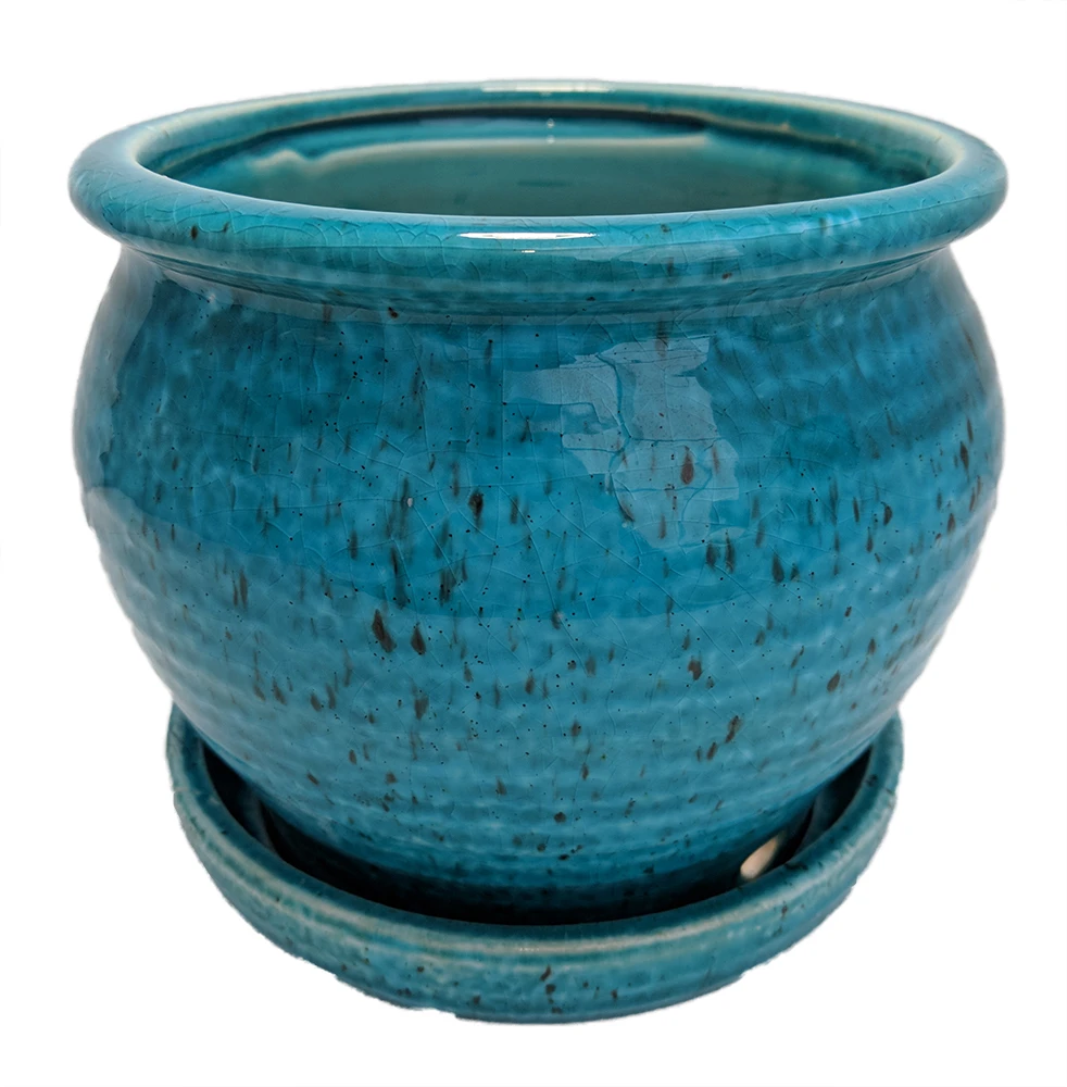 Speckle Planter With Attached Saucer - Turquoise - 6" X 5 1/2" 3 Speckle Planter With Attached Saucer - Turquoise - 6" X 5 1/2"