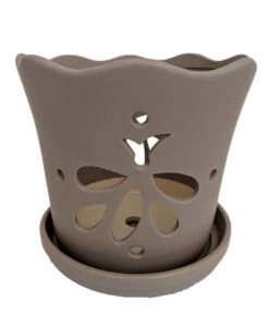 Matte Grey Butterfly Ceramic Orchid Pot With Attached Saucer - 5" X 5"