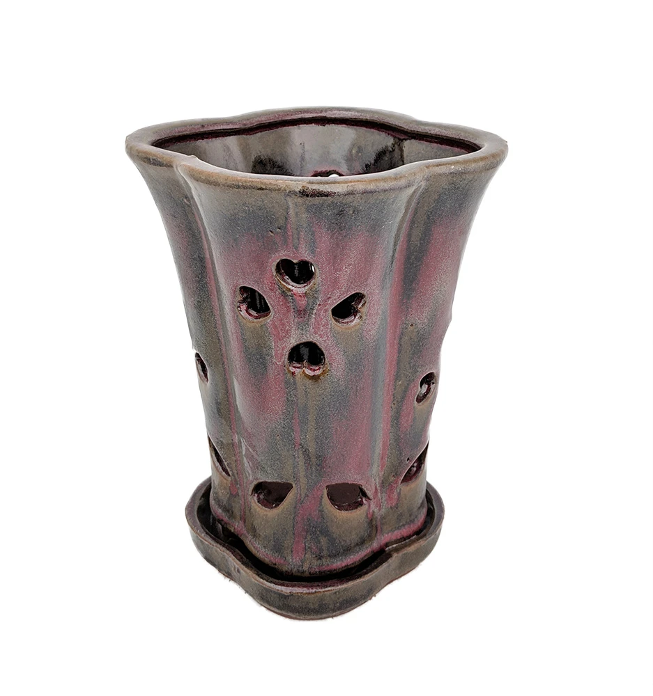 High Style Ceramic Orchid Pot/Saucer - 6 1/8" X 8" - Oxblood Red Flower 2 High Style Ceramic Orchid Pot/Saucer - 6 1/8" X 8" - Oxblood Red Flower