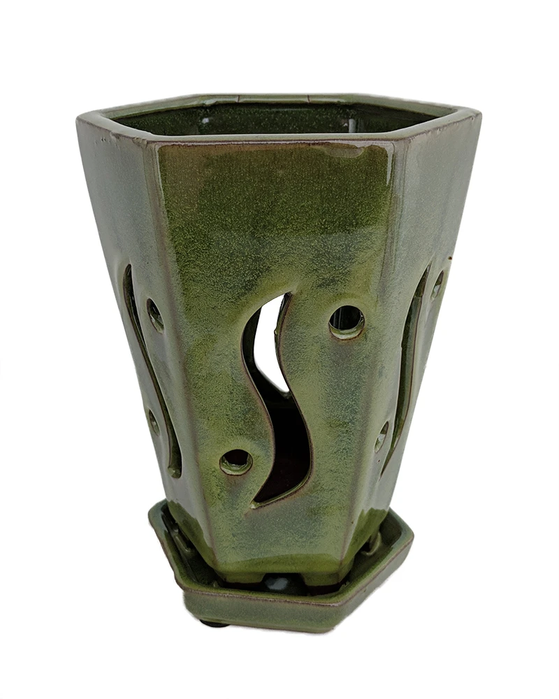 High Style Ceramic Orchid Pot/Saucer - 6 1/8" X 8" - Green Hexagon 3 High Style Ceramic Orchid Pot/Saucer - 6 1/8" X 8" - Green Hexagon