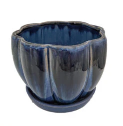 Blue Petal Bowl Ceramic Pot With Attached Saucer - 7.5" X 5.5"