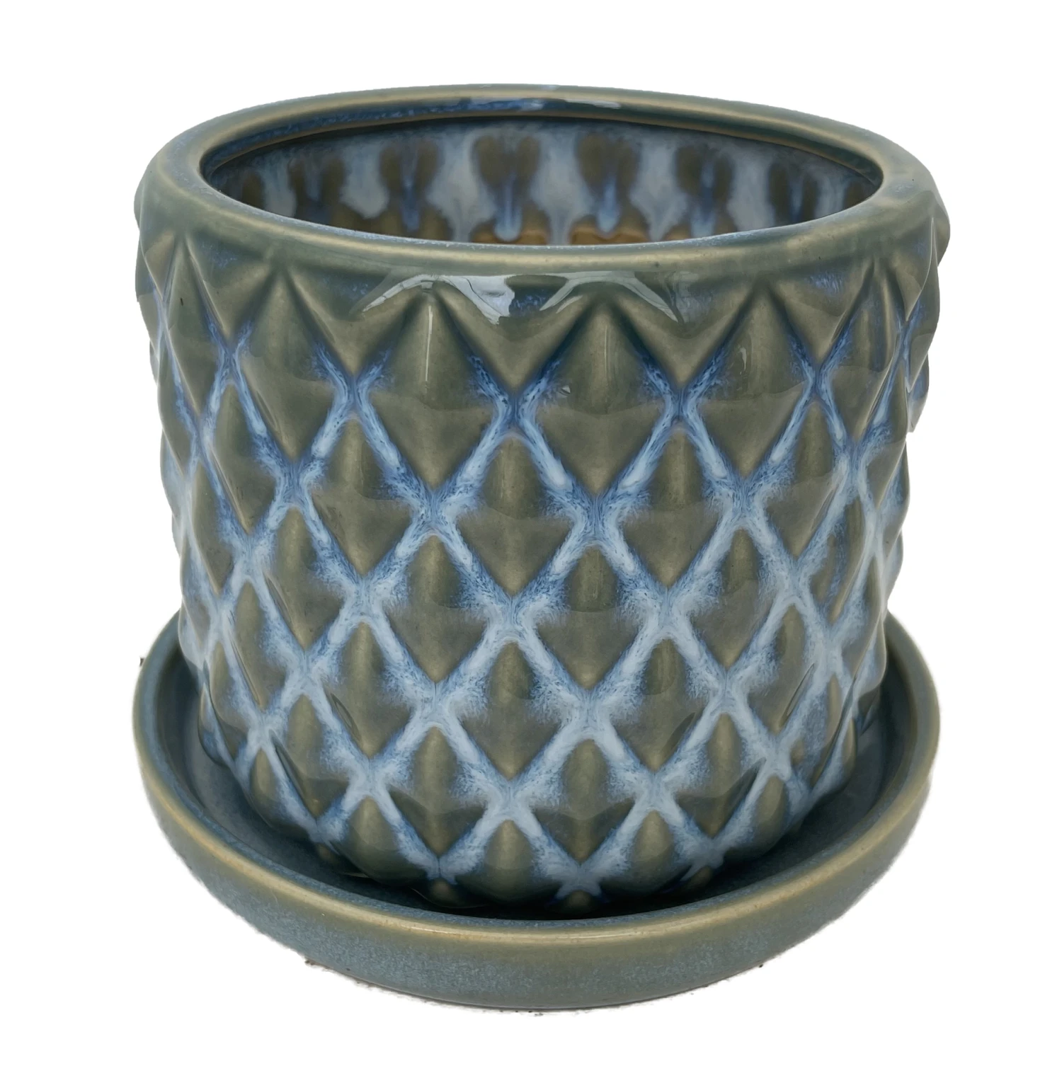 Diamond Green Ceramic Pot With Attached Saucer - 4.5" X 4.25" 3 Diamond Green Ceramic Pot With Attached Saucer - 4.5" X 4.25"