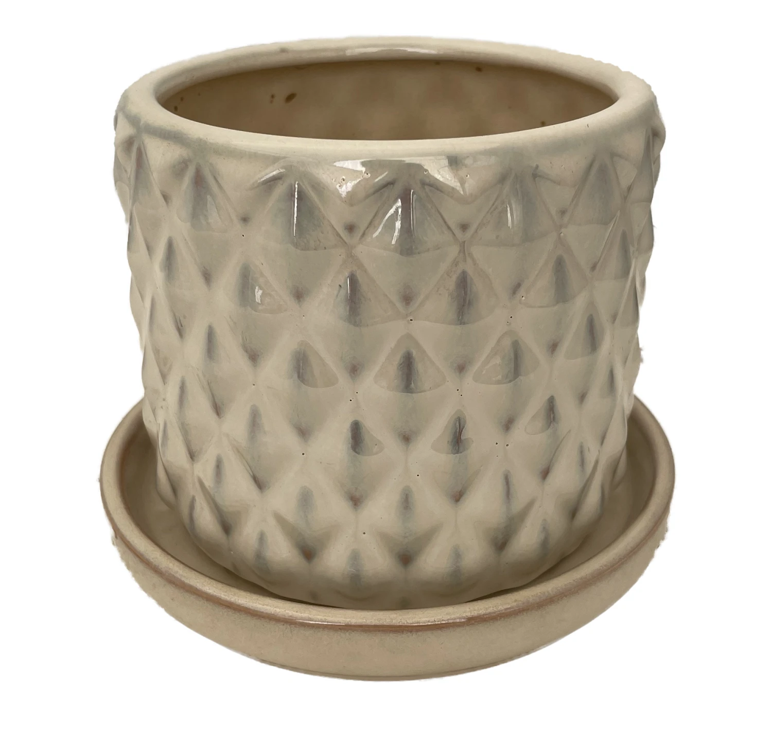 Diamond Pearl Ceramic Pot With Attached Saucer - 4.5" X 4.25" 3 Diamond Pearl Ceramic Pot With Attached Saucer - 4.5" X 4.25"