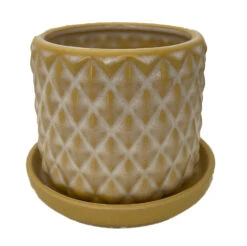 Diamond Yellow Ceramic Pot With Attached Saucer - 4.5" X 4.25"