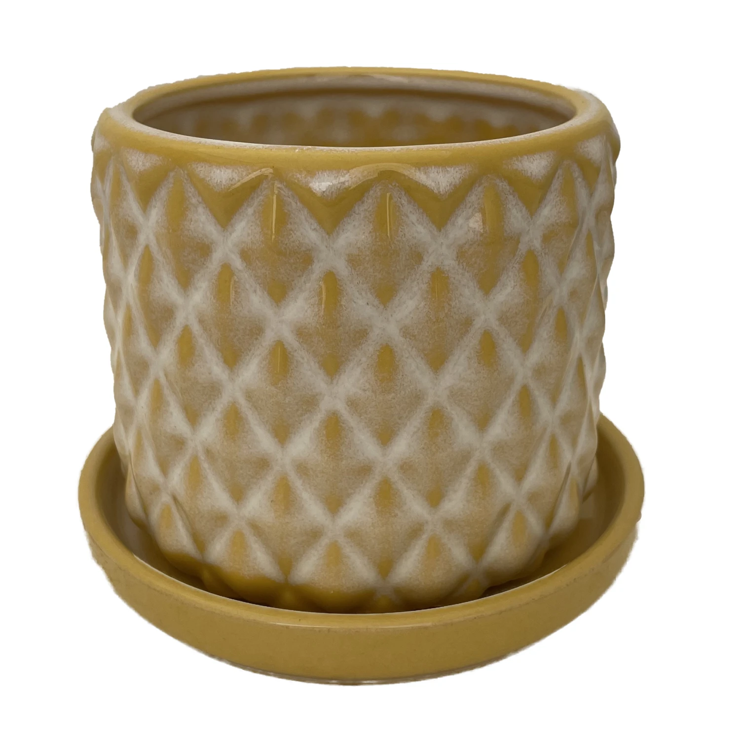 Diamond Yellow Ceramic Pot With Attached Saucer - 4.5" X 4.25" 3 Diamond Yellow Ceramic Pot With Attached Saucer - 4.5" X 4.25"