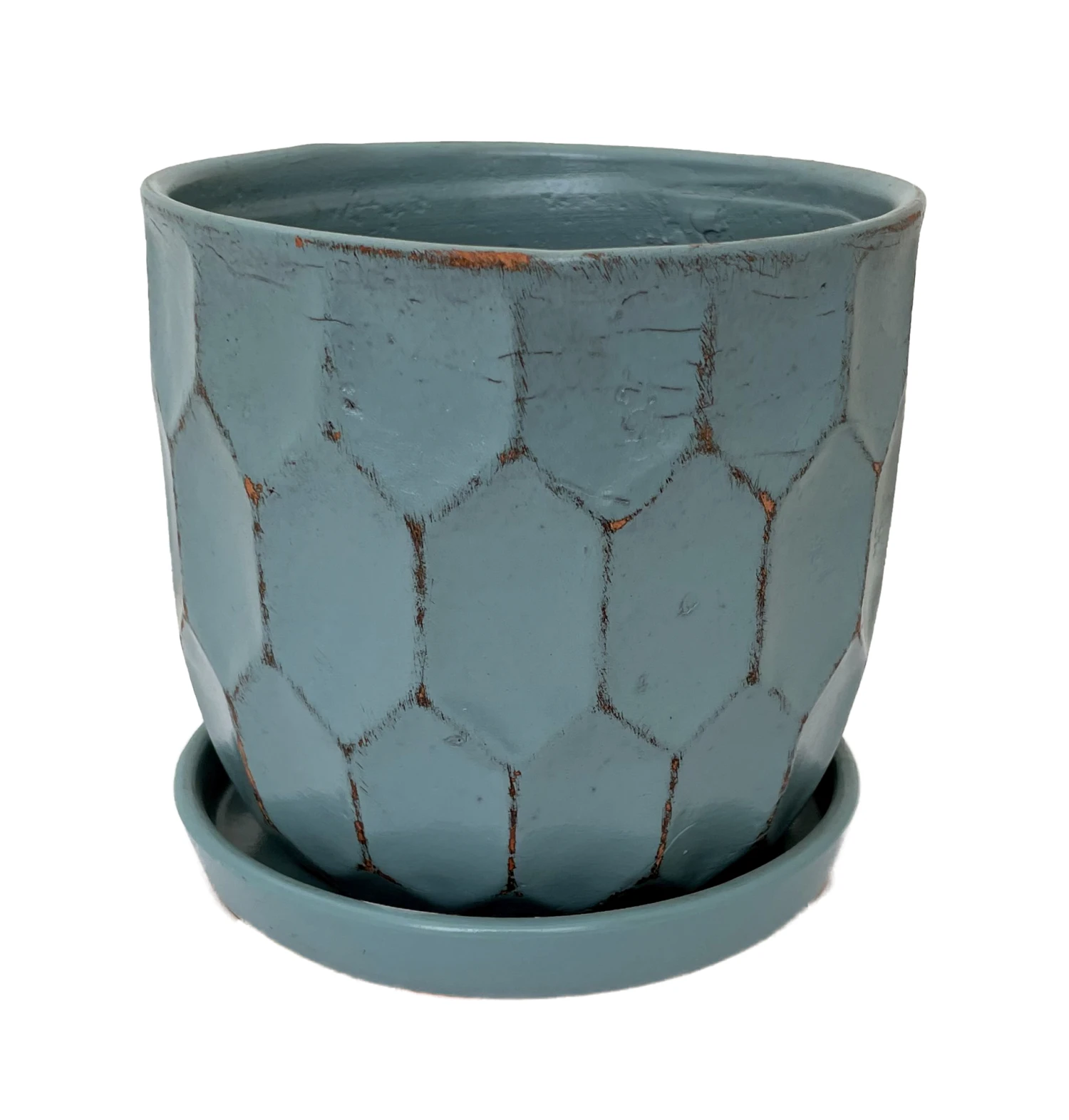 Distressed Honeycomb Ceramic Planter With Attached Saucer - Sky - 5.5" X 5.5" 3 Distressed Honeycomb Ceramic Planter With Attached Saucer - Sky - 5.5" X 5.5"