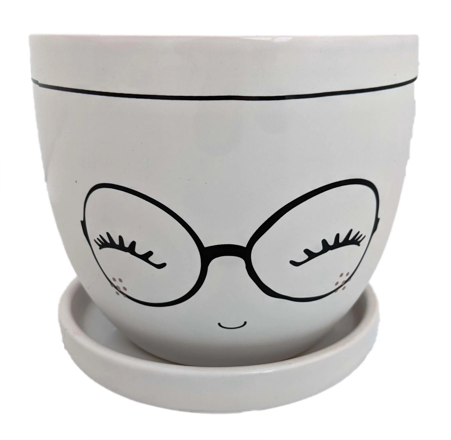 Miss Priss Ceramic Face Pot With Attached Saucer - Glasses - 5" X 4.25" 3 Miss Priss Ceramic Face Pot With Attached Saucer - Glasses - 5" X 4.25"