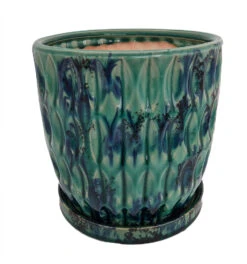 Morrocroft Ceramic Egg Pot With Attached Saucer - 5.25" X 5" - Turquoise Leaf