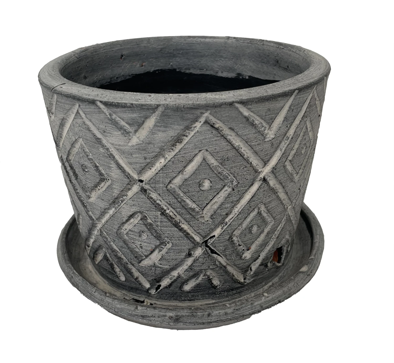Rustic Thai Garden Charcoal Ceramic Pot With Attached Saucer - 6" X 6" 3 Rustic Thai Garden Charcoal Ceramic Pot With Attached Saucer - 6" X 6"